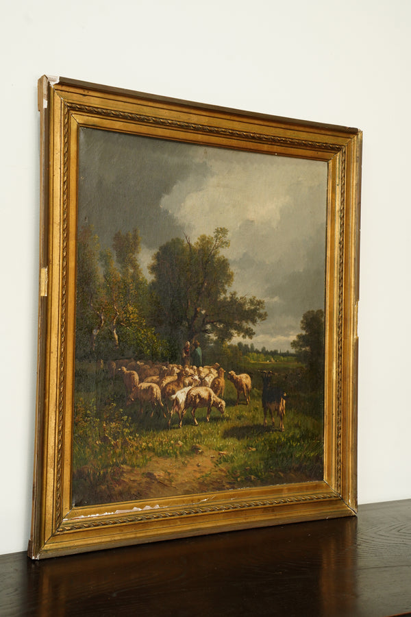 Antique French Sheep Painting Oil on Canvas Barbizon Pastoral, Circa 1880 secondary view