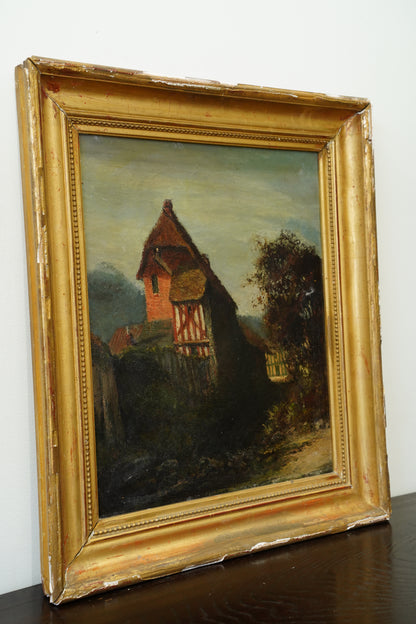Antique European Oil Painting Cottage Landscape, Normandy Style
