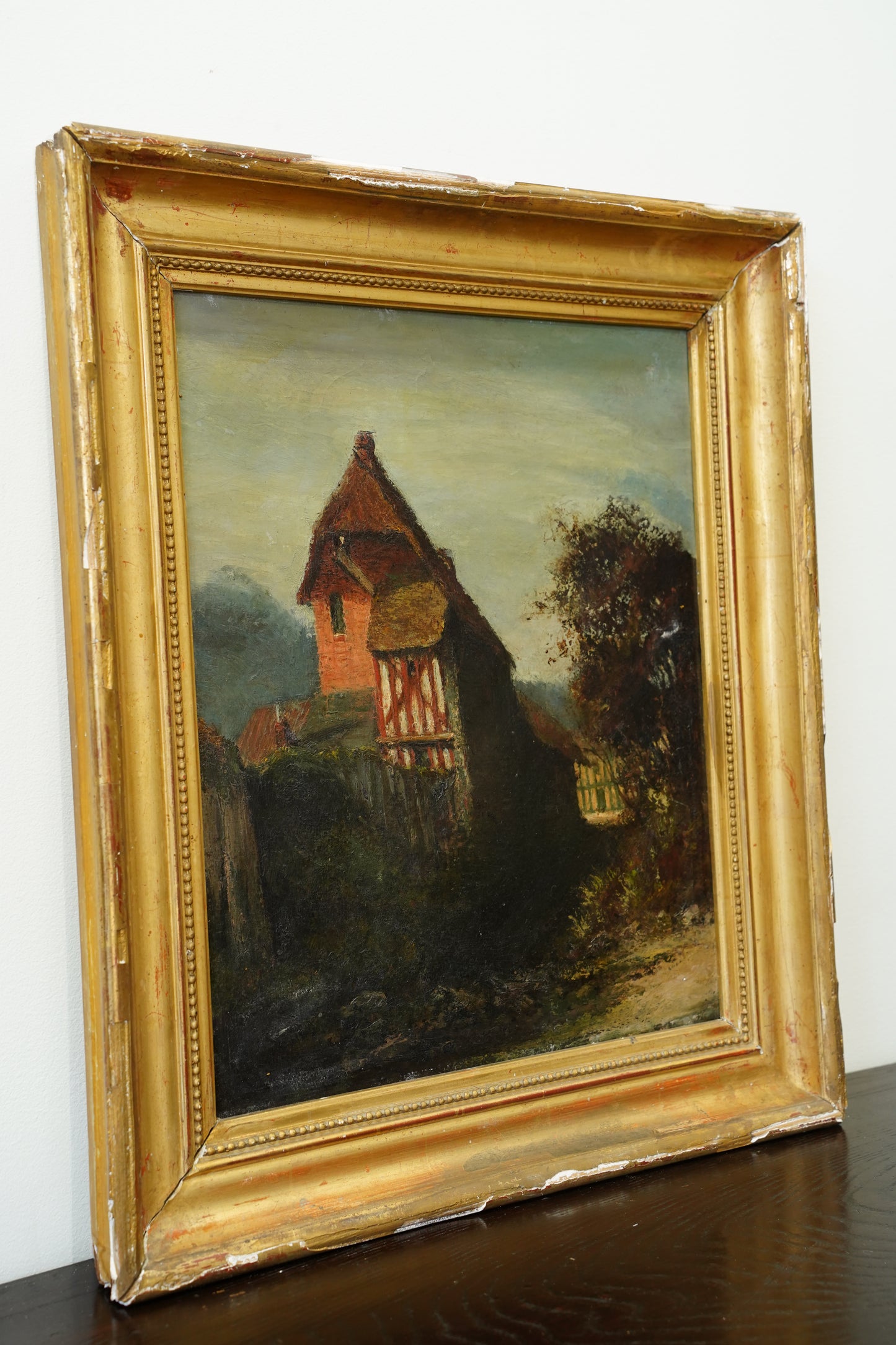 Antique European Oil Painting Cottage Landscape, Normandy Style