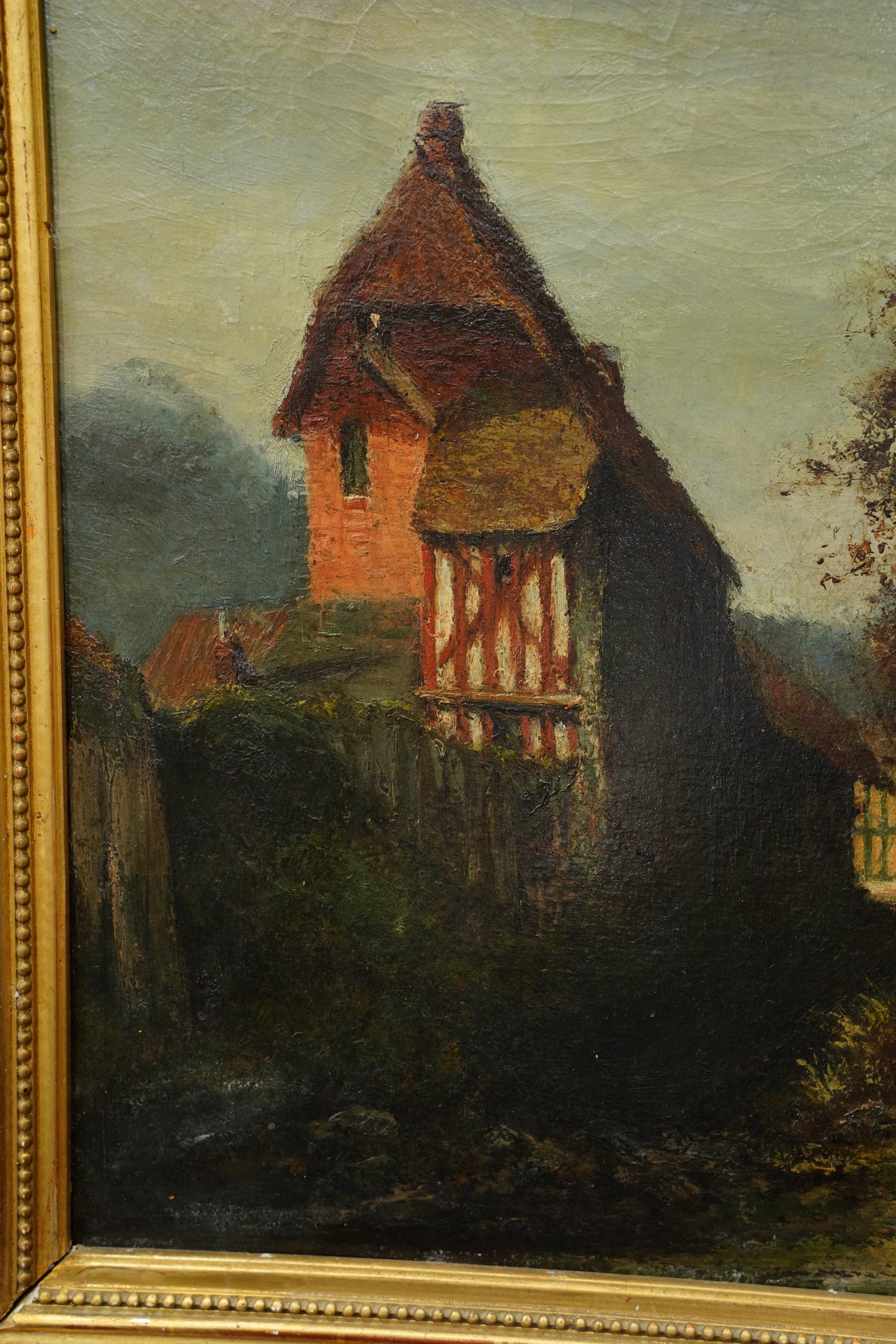 Antique European Oil Painting Cottage Landscape, Normandy Style