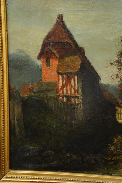 Antique European Oil Painting Cottage Landscape, Normandy Style