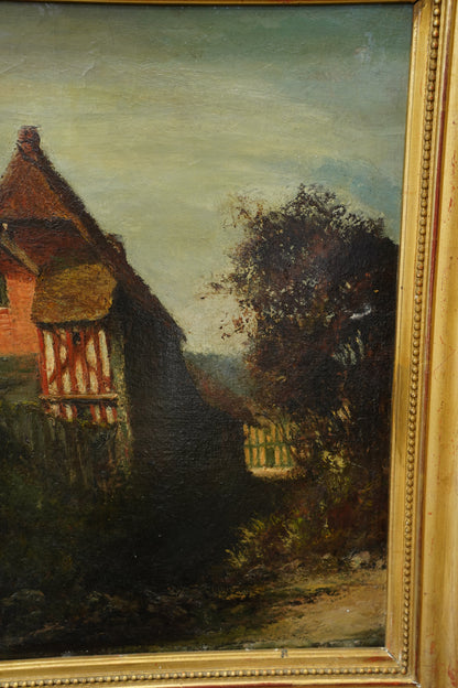 Antique European Oil Painting Cottage Landscape, Normandy Style