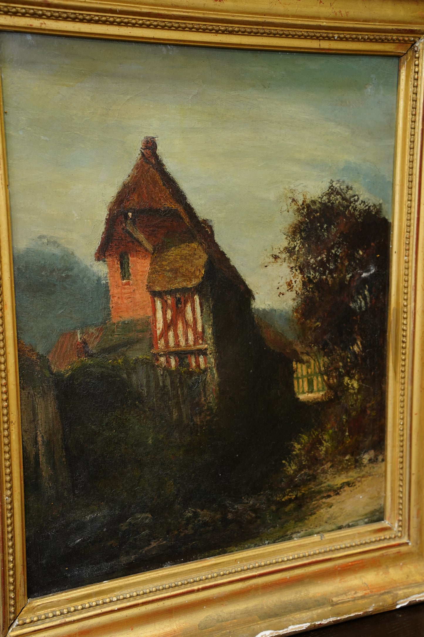 Antique European Oil Painting Cottage Landscape, Normandy Style