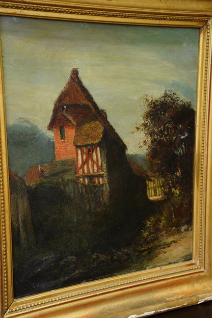 Antique European Oil Painting Cottage Landscape, Normandy Style