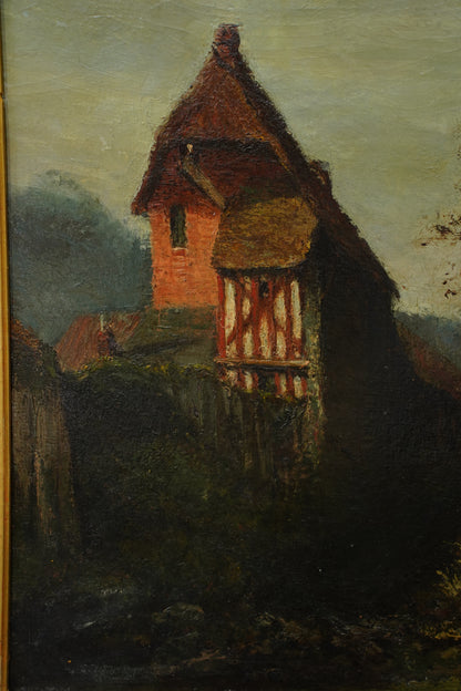 Antique European Oil Painting Cottage Landscape, Normandy Style