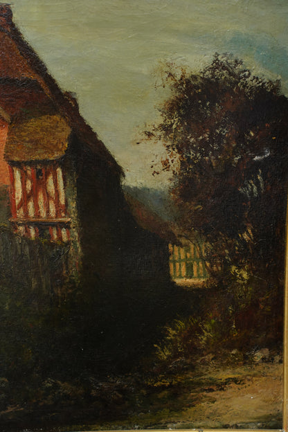 Antique European Oil Painting Cottage Landscape, Normandy Style
