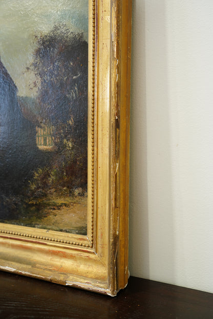Antique European Oil Painting Cottage Landscape, Normandy Style