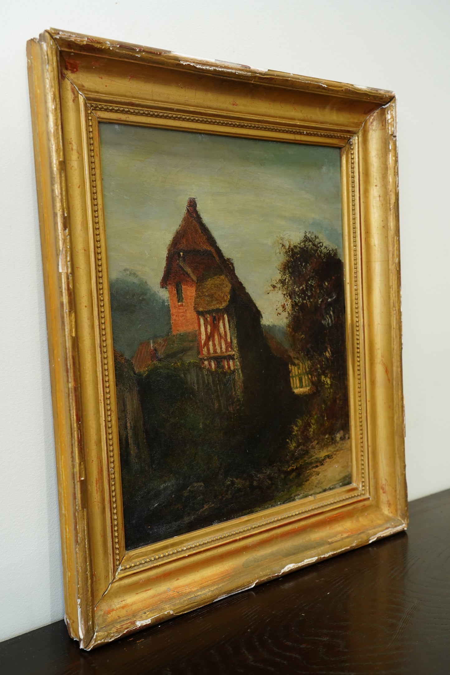 Antique European Oil Painting Cottage Landscape, Normandy Style