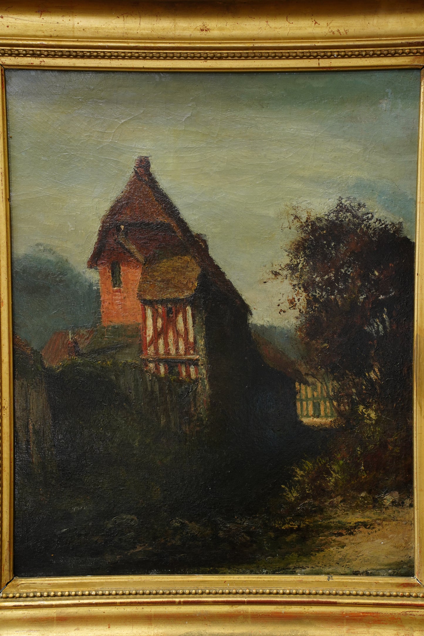 Antique European Oil Painting Cottage Landscape, Normandy Style