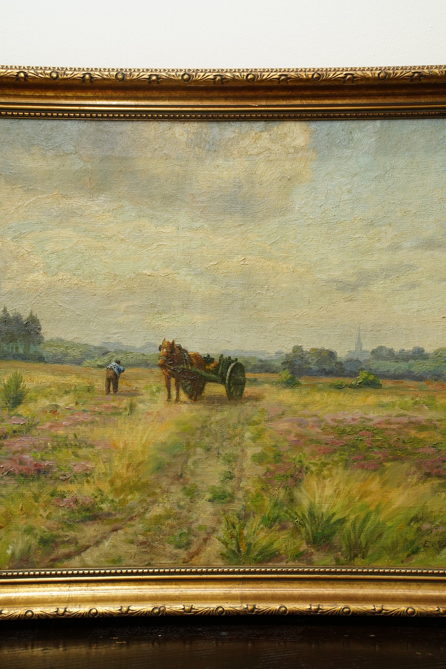 Antique Signed Belgian Oil Painting Horse and Cart Landscape