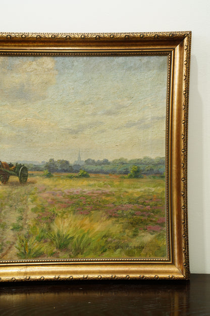 Antique Signed Belgian Oil Painting Horse and Cart Landscape