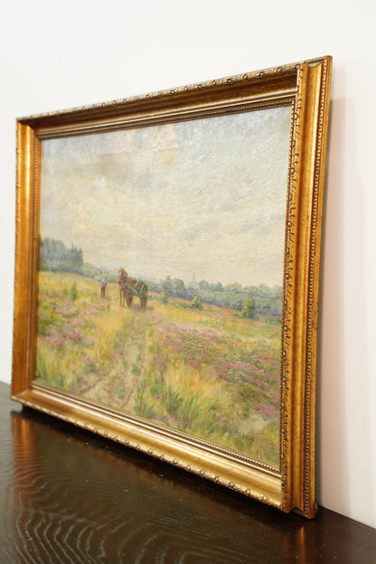 Antique Signed Belgian Oil Painting Horse and Cart Landscape