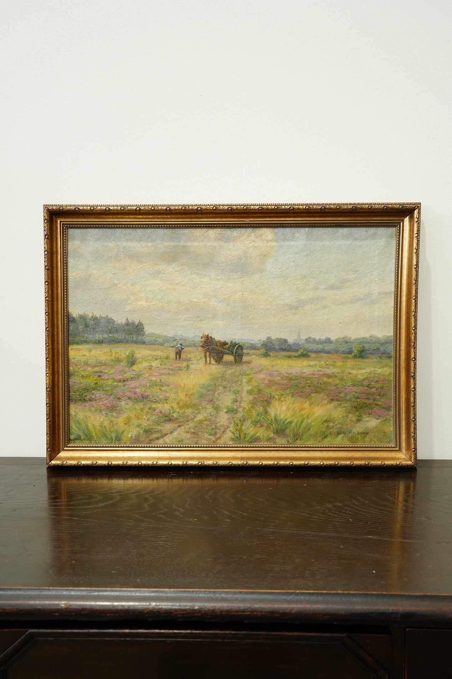 Antique Signed Belgian Oil Painting Horse and Cart Landscape