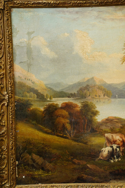 Antique British Cow Oil Painting Lake Landscape, Circa 1875