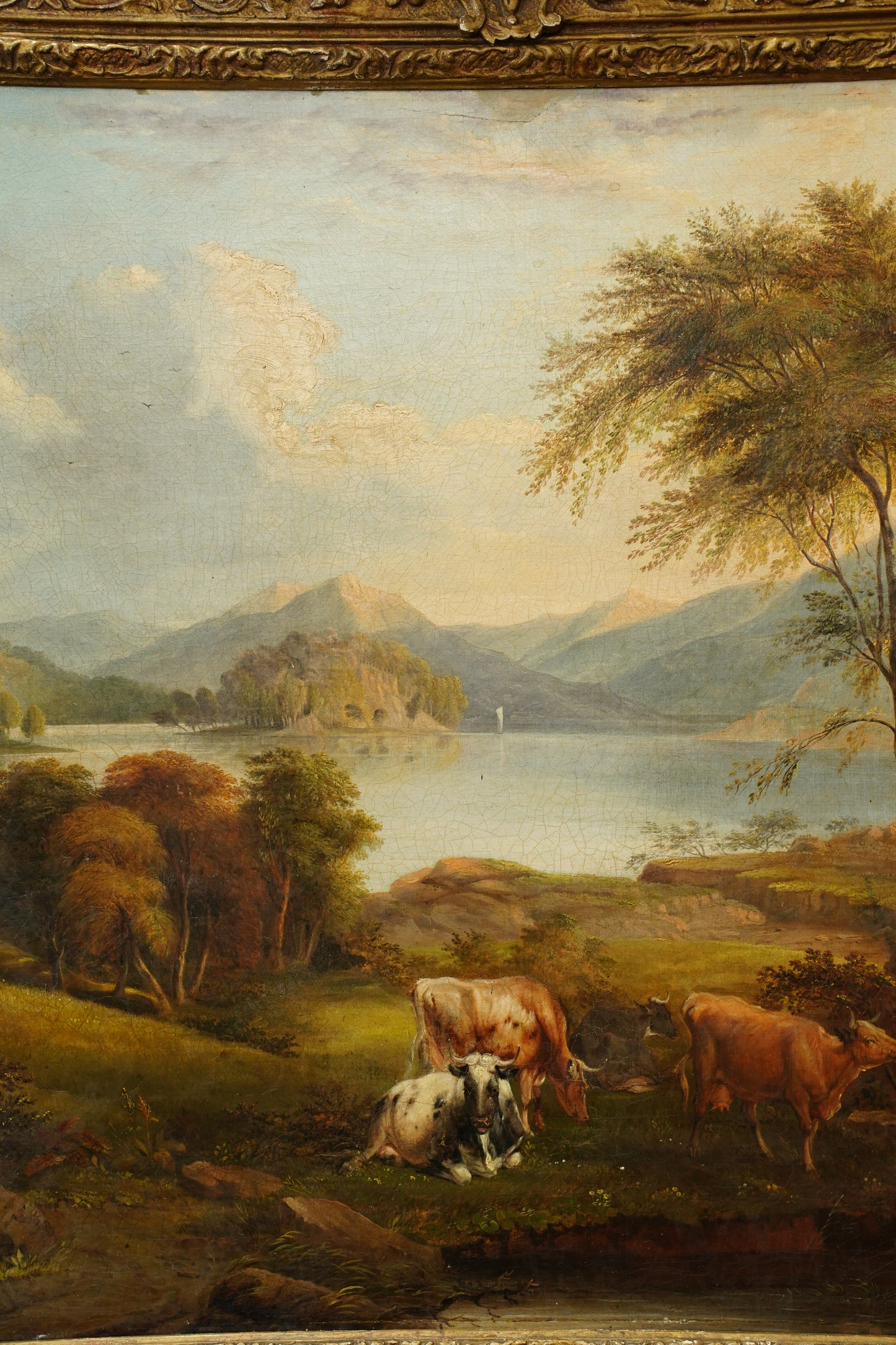 Antique British Cow Oil Painting Lake Landscape, Circa 1875