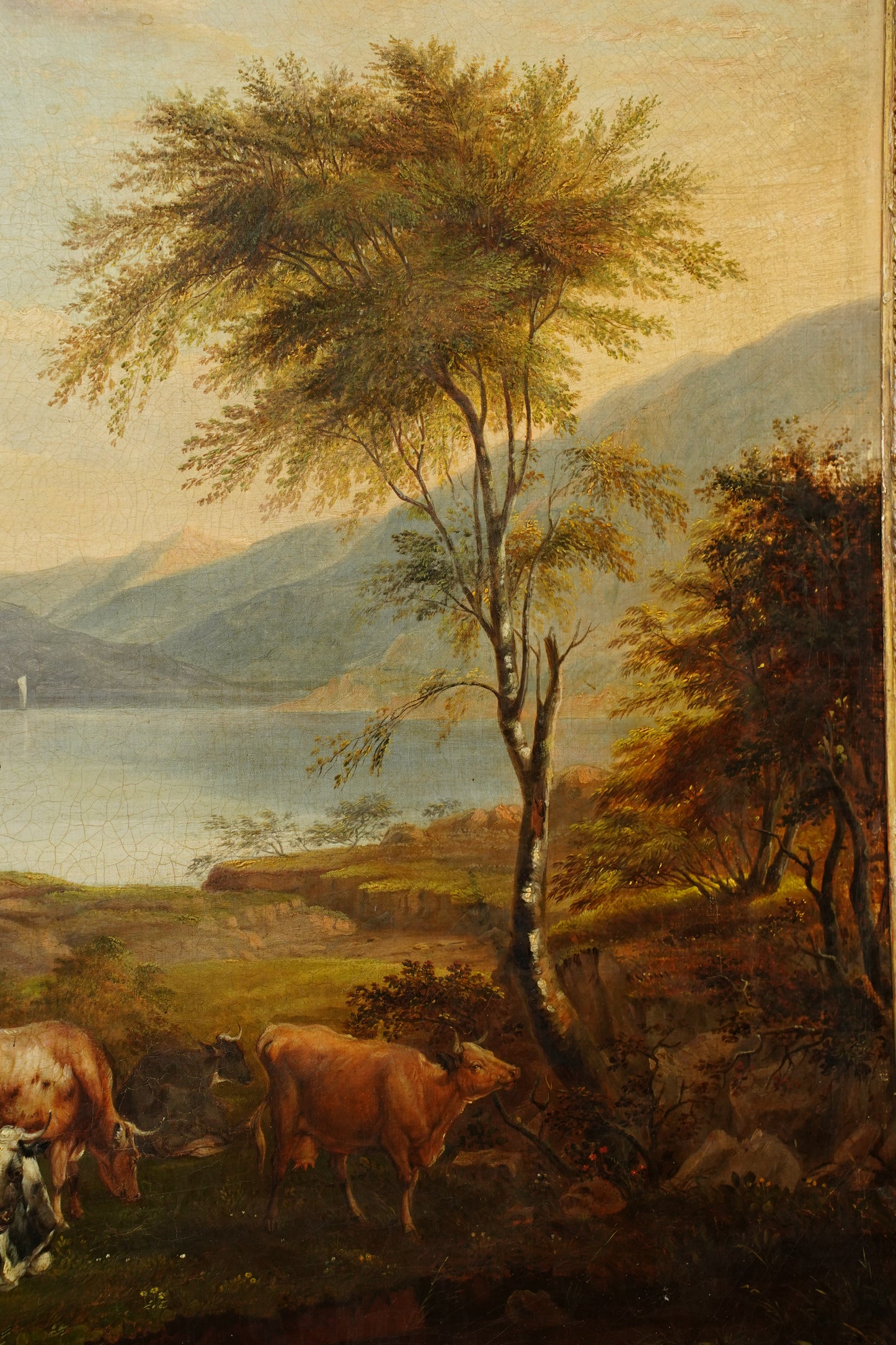 Antique British Cow Oil Painting Lake Landscape, Circa 1875