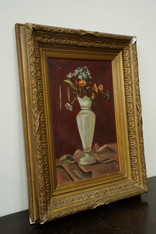 Antique French Flower Oil Painting Still Life in Cream Vase
