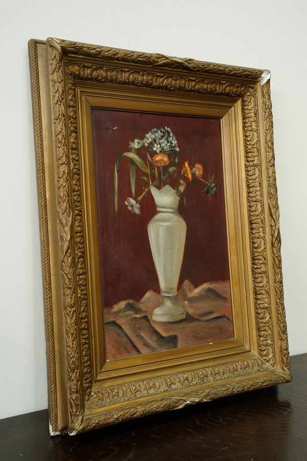 Antique French Flower Oil Painting Still Life in Cream Vase *AS-IS* secondary view