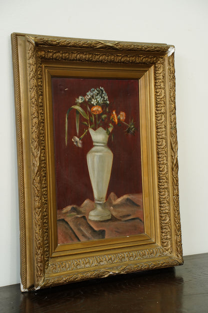 Antique French Flower Oil Painting Still Life in Cream Vase, Circa 1890