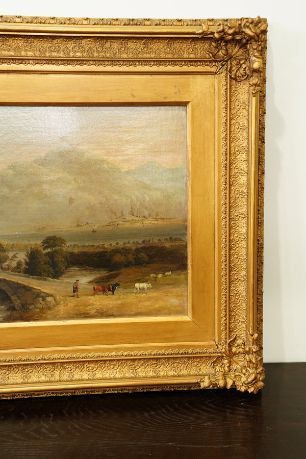 Antique Scottish Highland Cattle Oil Painting, Loch Landscape with Drover secondary view