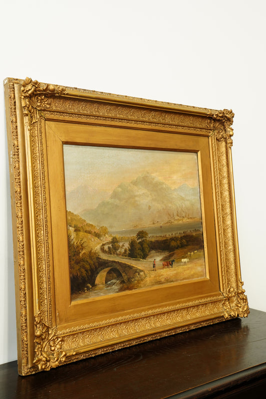 Antique Scottish Highland Cattle Oil Painting, Loch Landscape with Drover