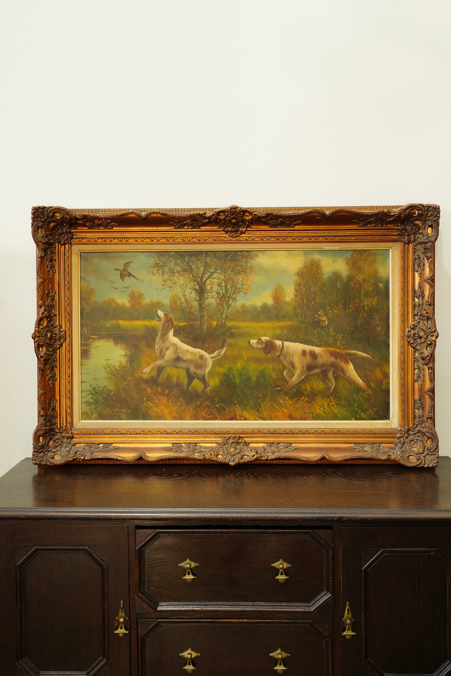 Vintage Hunting Dog Oil Painting, Two Setters and Pheasant, Large Signed