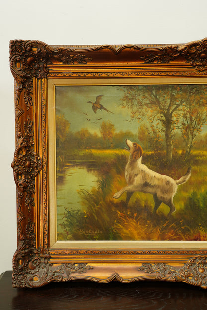 Vintage Hunting Dog Oil Painting, Two Setters and Pheasant, Large Signed