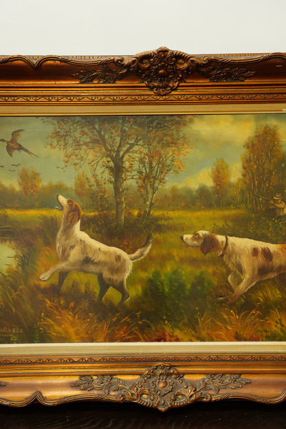 Vintage Hunting Dog Oil Painting, Two Setters and Pheasant, Large Signed