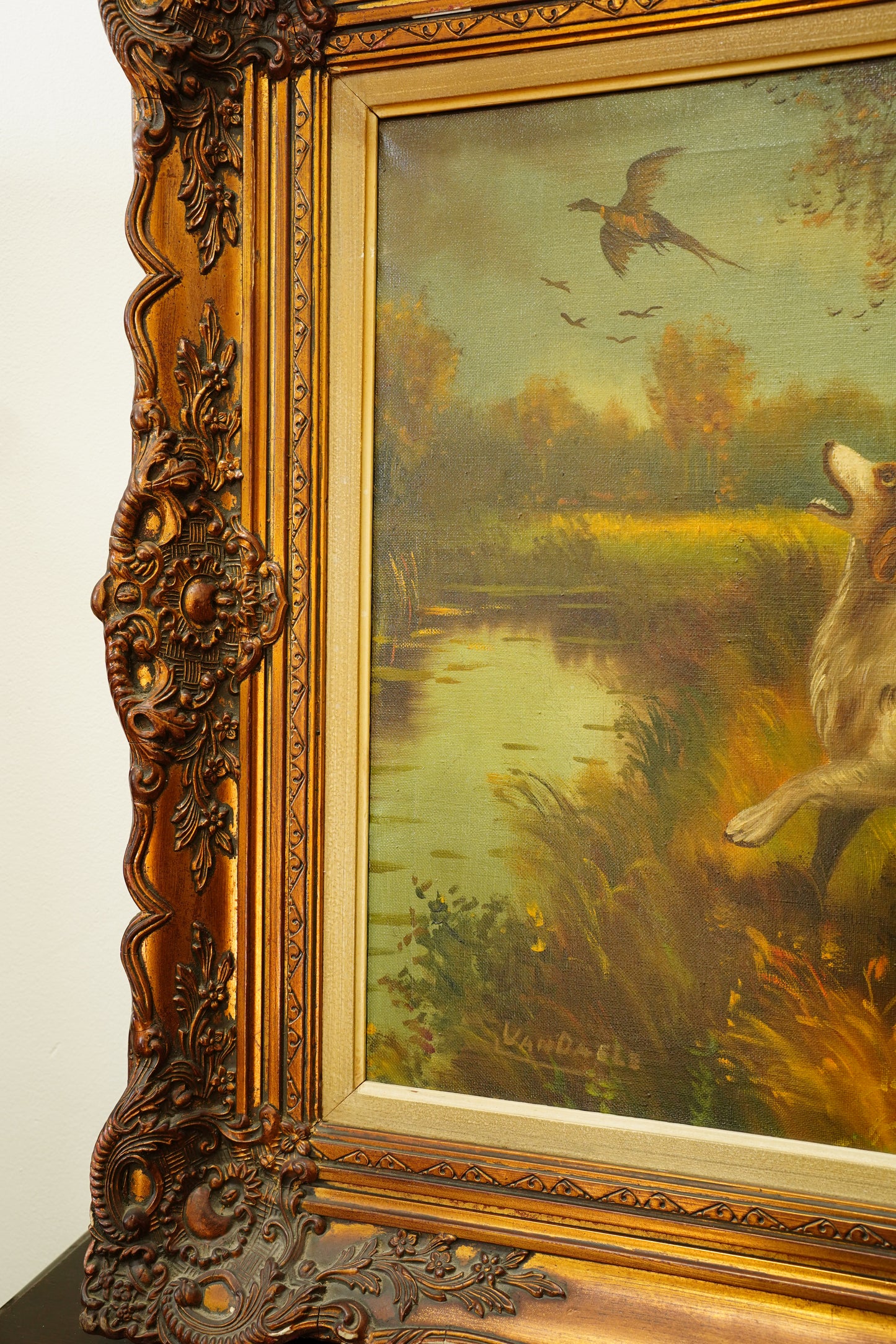 Vintage Hunting Dog Oil Painting, Two Setters and Pheasant, Large Signed