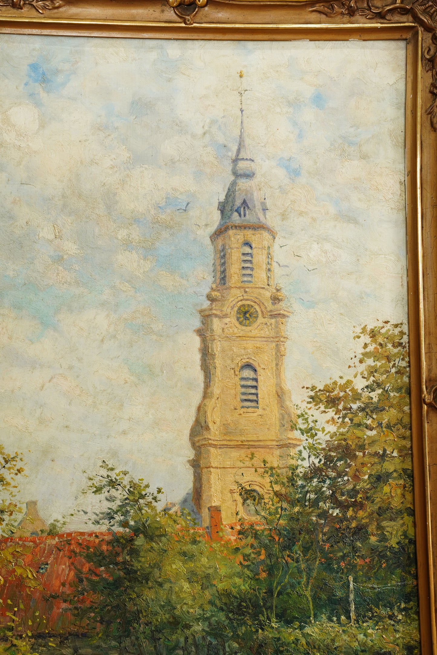 Antique Belgian Church Oil Painting, Signed A. Barth