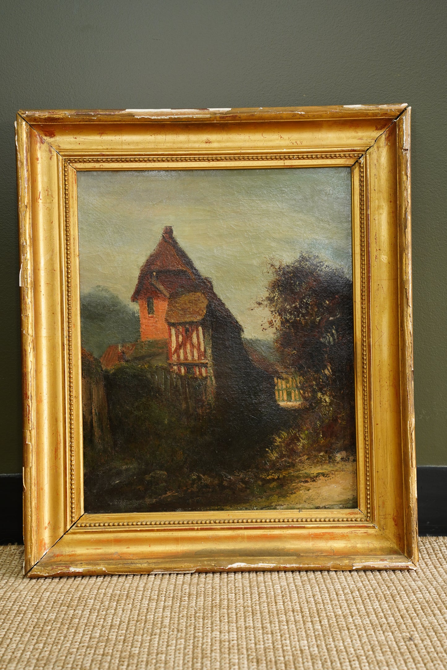 Antique European Oil Painting Cottage Landscape, Normandy Style