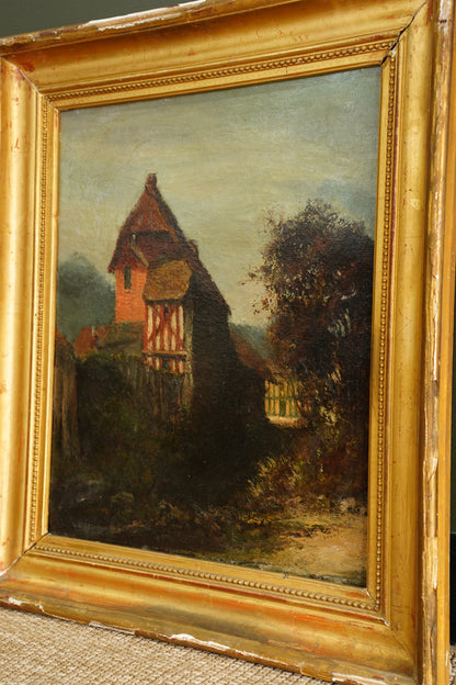 Antique European Oil Painting Cottage Landscape, Normandy Style