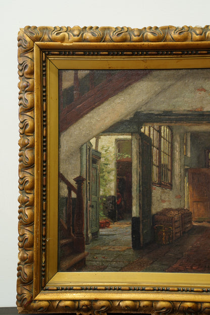 Antique Belgian Oil Painting Doorway Interior Scene, Signed, Circa 1908