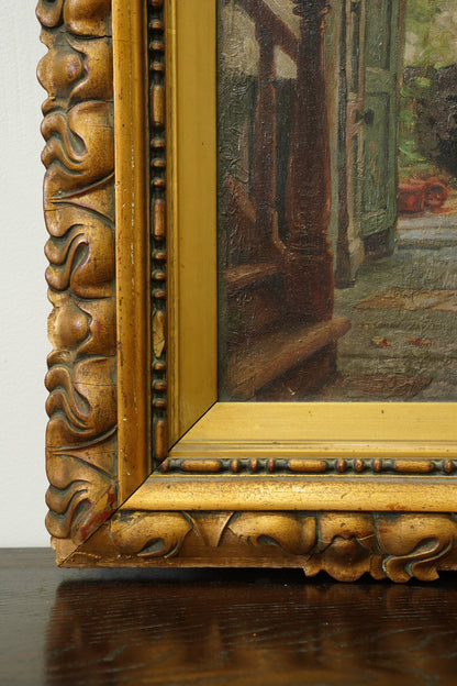 Antique Belgian Oil Painting Doorway Interior Scene, Signed, Circa 1908