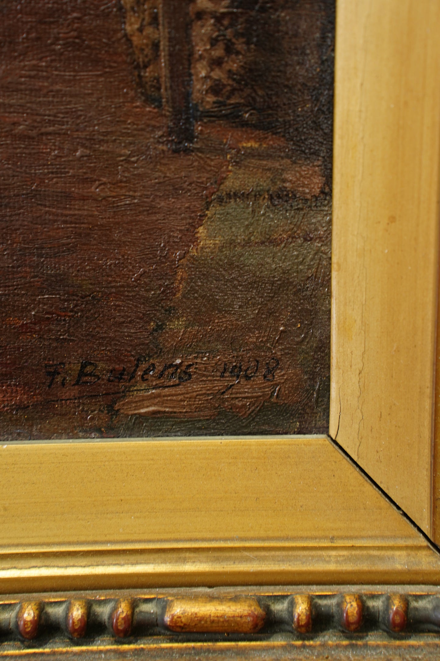 Antique Belgian Oil Painting Doorway Interior Scene, Signed, Circa 1908