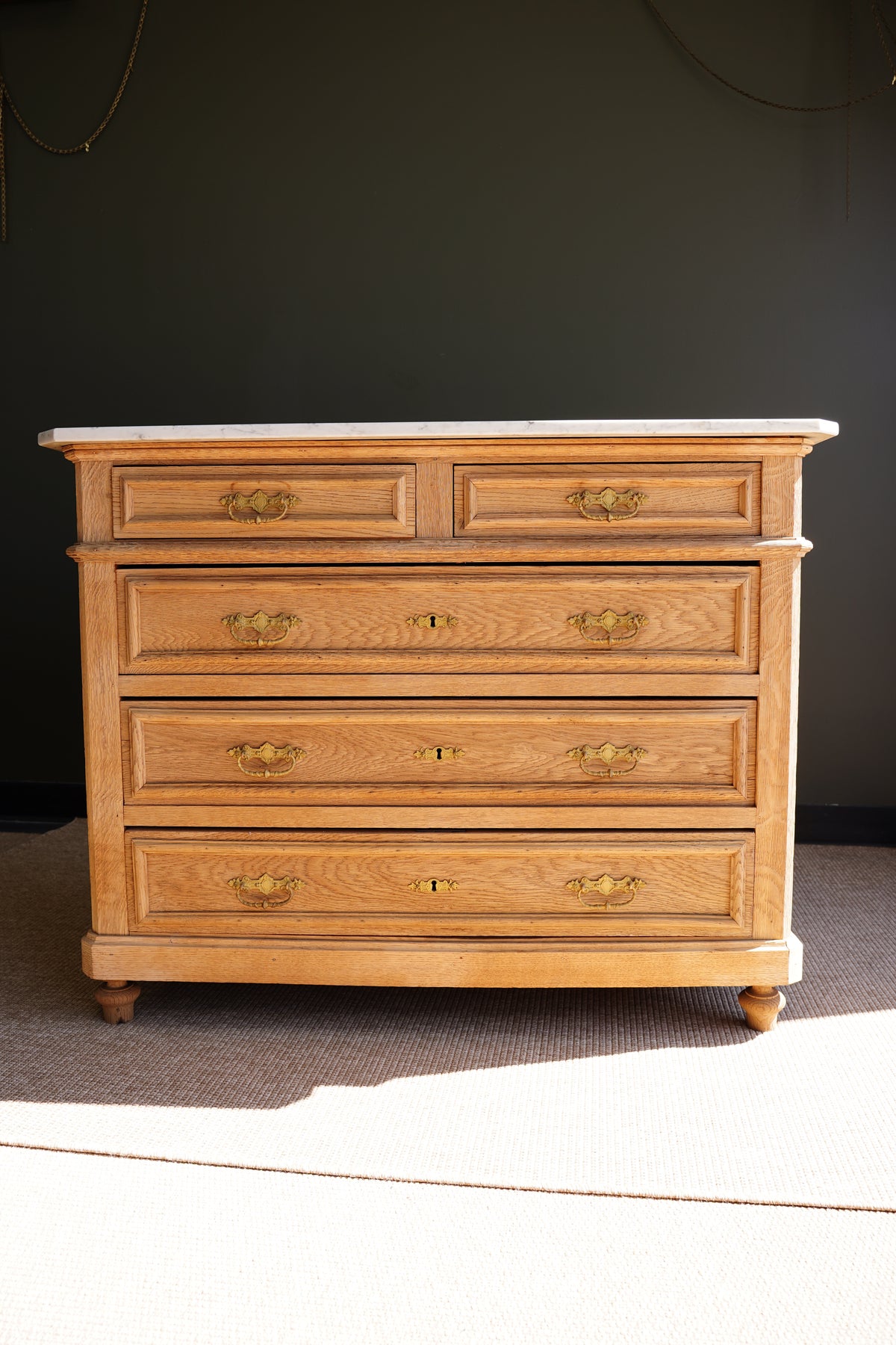 Vintage Sandblasted Oak Commode with White Marble Top