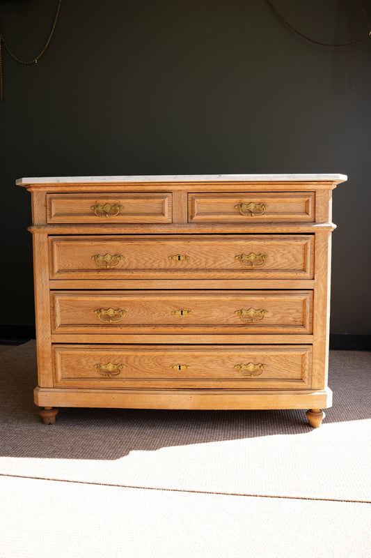 Vintage Sandblasted Oak Commode with White Marble Top