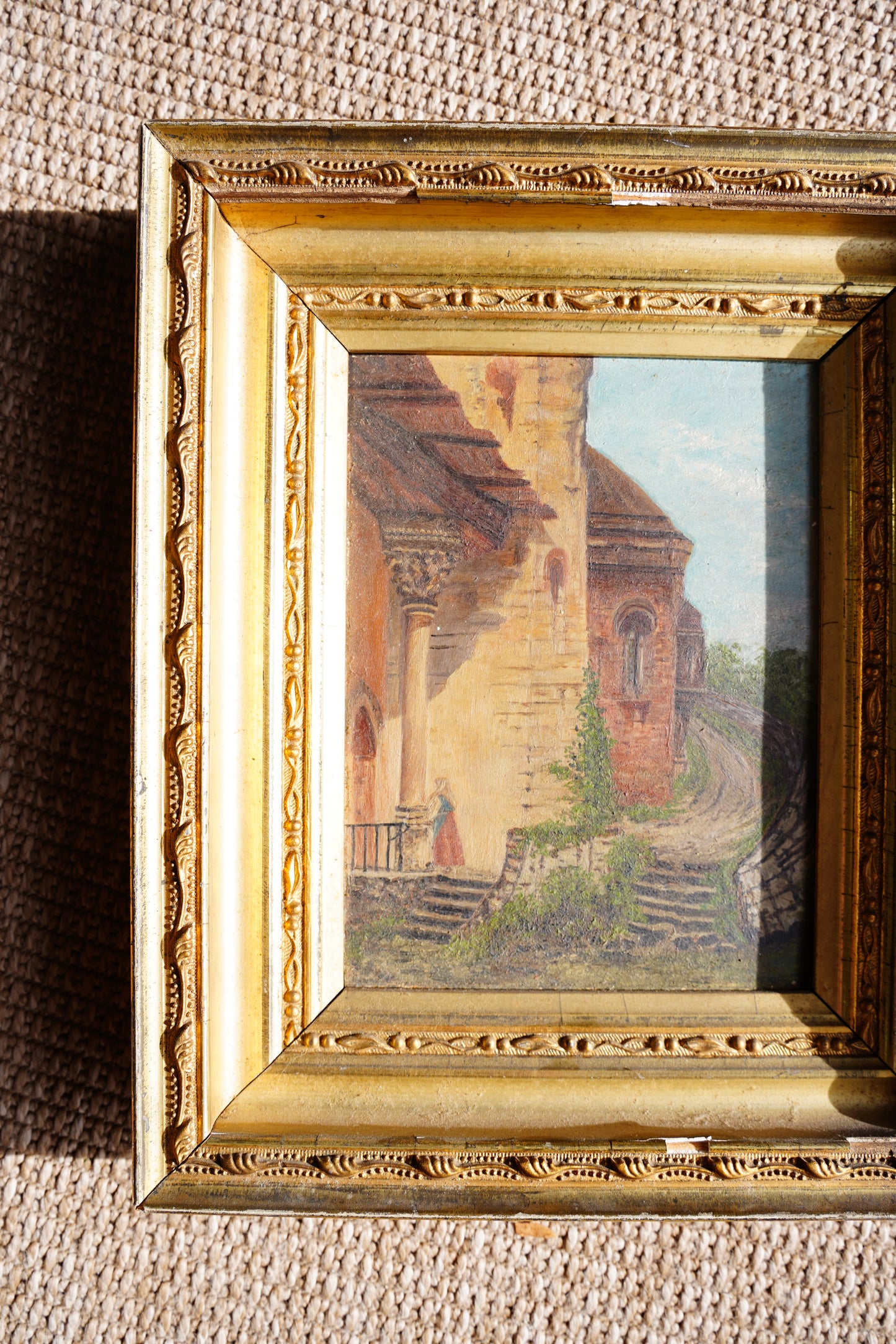 Antique European Village Lane Oil Painting on Panel
