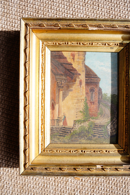 Antique European Village Lane Oil Painting on Panel