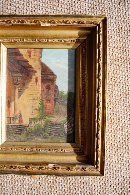 Antique European Village Lane Oil Painting on Panel
