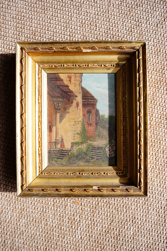 Antique European Village Lane Oil Painting on Panel