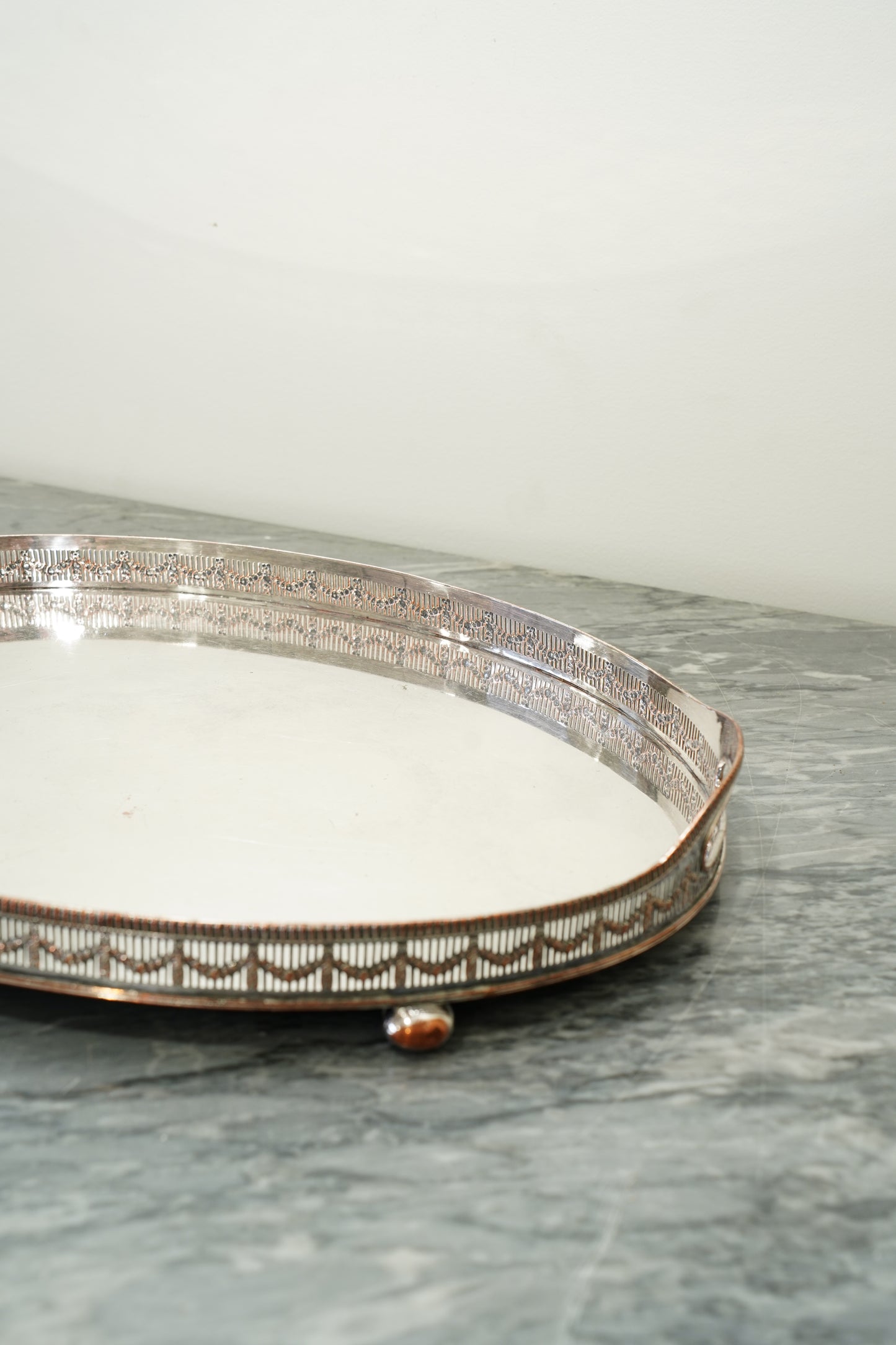 Antique Silver Plate Gallery Tray, Oval Serving Tray