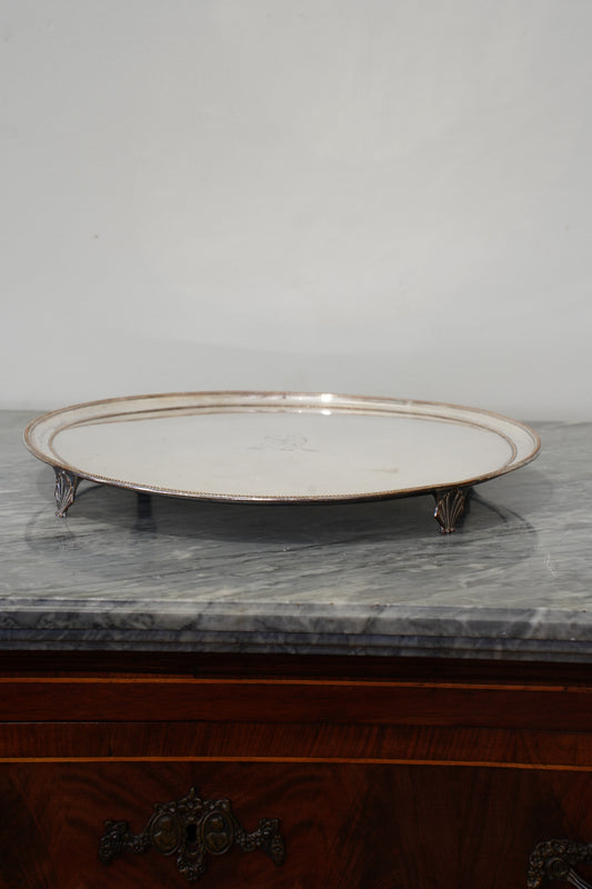 Vintage Round Silver Plate Serving Tray with Lion Crest, English