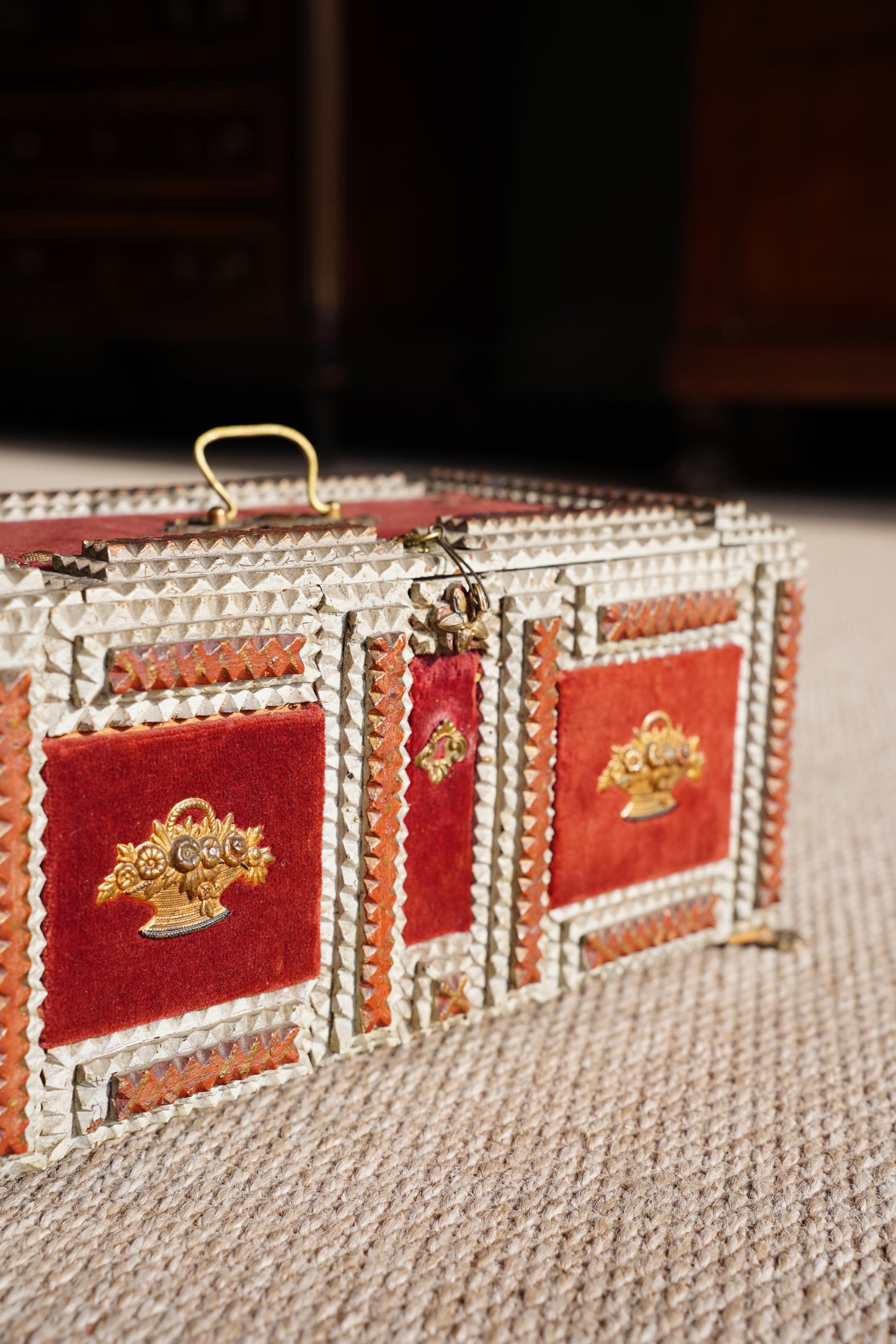 Antique Tramp Art Box, Red Velvet and Gilt Baskets, Circa 1900