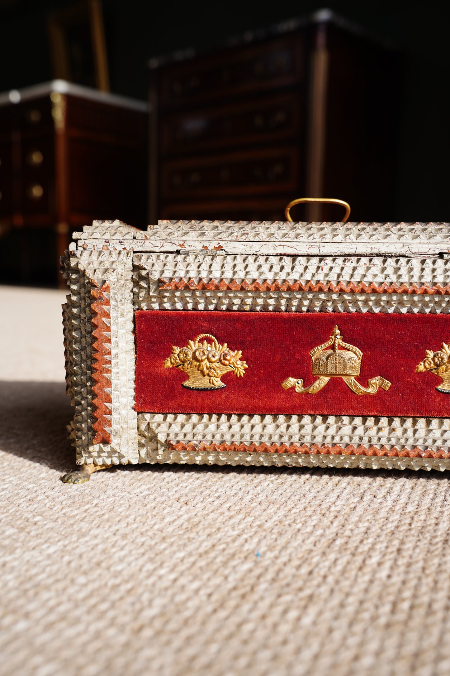 Antique Tramp Art Box, Red Velvet and Gilt Baskets, Circa 1900