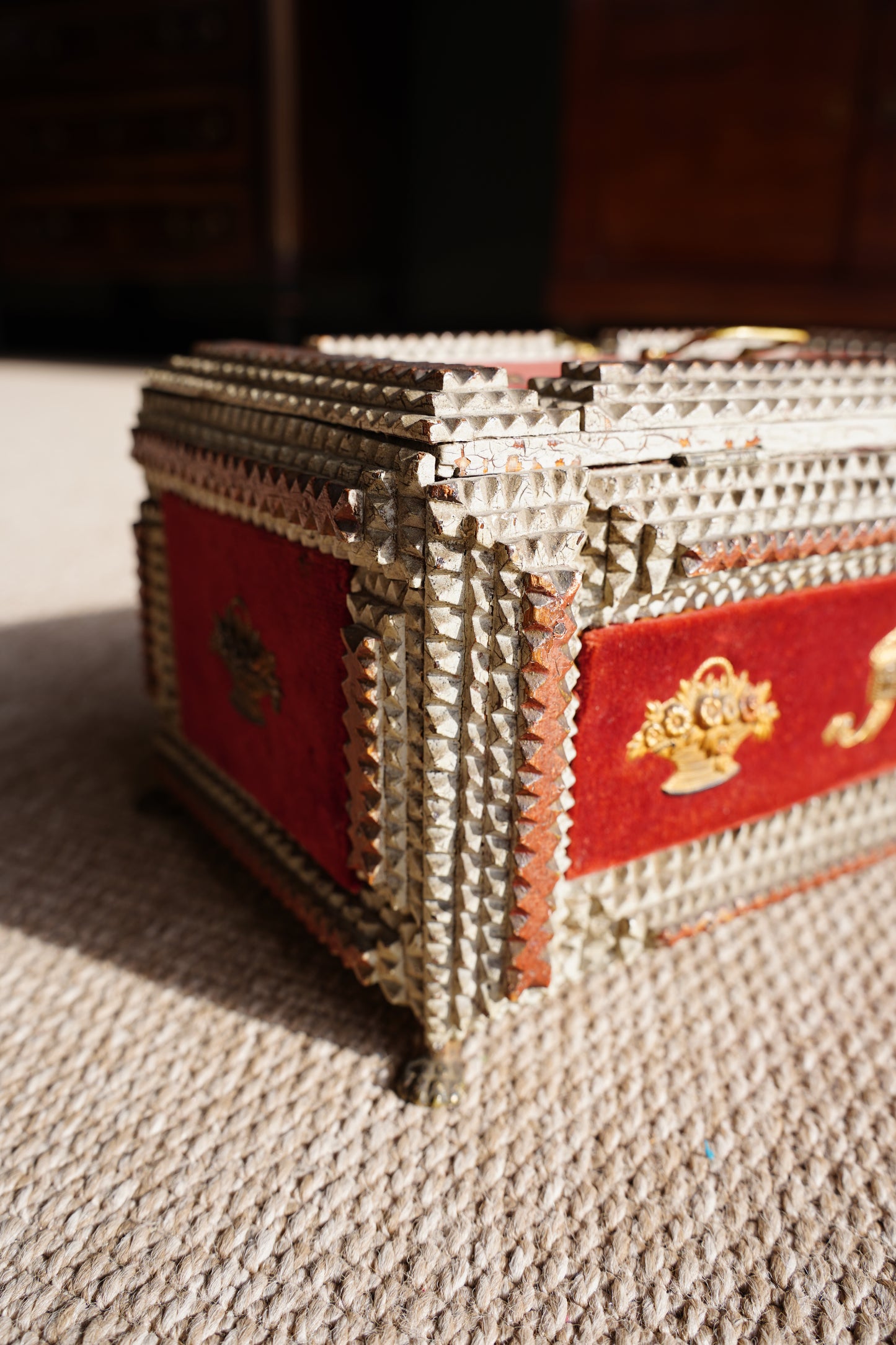Antique Tramp Art Box, Red Velvet and Gilt Baskets, Circa 1900