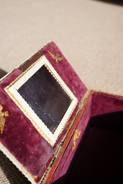 Antique Tramp Art Box, Red Velvet and Gilt Baskets, Circa 1900