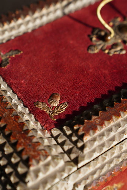 Antique Tramp Art Box, Red Velvet and Gilt Baskets, Circa 1900