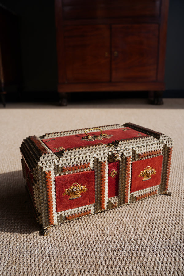Antique Tramp Art Box, Red Velvet and Gilt Baskets, Circa 1900