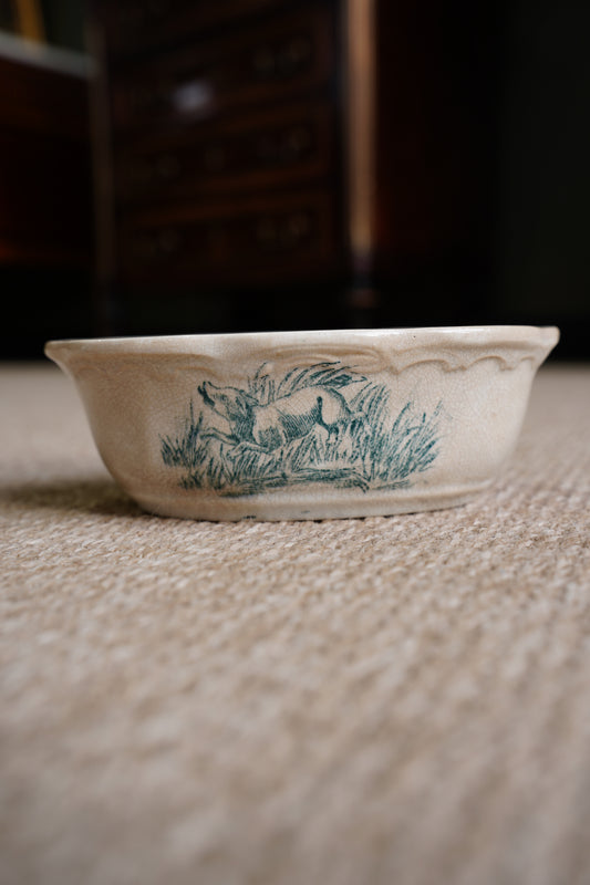 French Ironstone Soap Dish, Hunting Dog Transfer